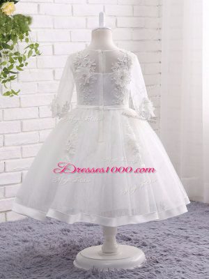 Modern Ball Gowns Toddler Flower Girl Dress White Scoop Lace Short Sleeves Tea Length Zipper