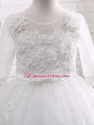 Modern Ball Gowns Toddler Flower Girl Dress White Scoop Lace Short Sleeves Tea Length Zipper