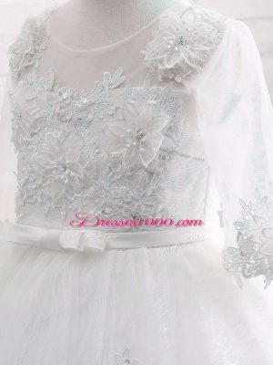 Modern Ball Gowns Toddler Flower Girl Dress White Scoop Lace Short Sleeves Tea Length Zipper