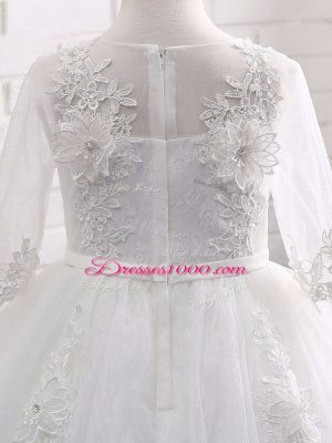 Modern Ball Gowns Toddler Flower Girl Dress White Scoop Lace Short Sleeves Tea Length Zipper