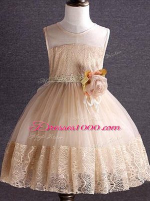 Knee Length Zipper Pageant Gowns For Girls Champagne and In with Lace and Hand Made Flower