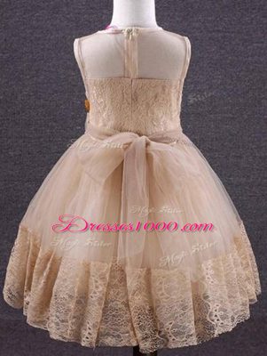 Knee Length Zipper Pageant Gowns For Girls Champagne and In with Lace and Hand Made Flower