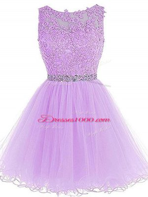 Dramatic Lavender Zipper Dress for Prom Beading and Lace and Appliques Sleeveless Mini Length