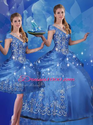 Blue Three Pieces Beading and Embroidery Quinceanera Dress Lace Up Organza Cap Sleeves Floor Length