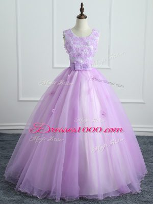 Flare Lavender Lace Up Scoop Lace and Appliques and Bowknot 15 Quinceanera Dress Organza Sleeveless