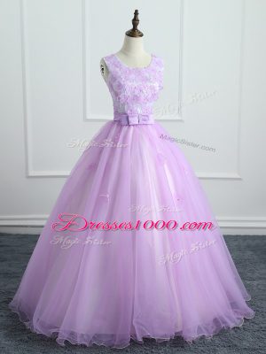 Flare Lavender Lace Up Scoop Lace and Appliques and Bowknot 15 Quinceanera Dress Organza Sleeveless