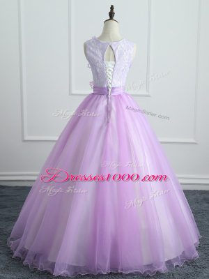 Flare Lavender Lace Up Scoop Lace and Appliques and Bowknot 15 Quinceanera Dress Organza Sleeveless