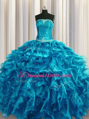 Teal Ball Gowns Beading and Ruffles Quinceanera Gown Lace Up Organza Sleeveless Floor Length