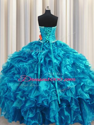 Teal Ball Gowns Beading and Ruffles Quinceanera Gown Lace Up Organza Sleeveless Floor Length