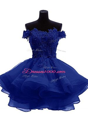 Low Price Royal Blue Zipper Off The Shoulder Beading and Lace and Appliques and Ruffles Prom Gown Organza Sleeveless