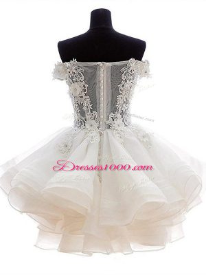 Low Price Royal Blue Zipper Off The Shoulder Beading and Lace and Appliques and Ruffles Prom Gown Organza Sleeveless