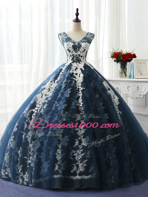 Delicate Navy Blue Lace Up Scoop Ruffles and Pattern Sweet 16 Quinceanera Dress Organza and Taffeta and Chiffon and Tulle Sleeveless