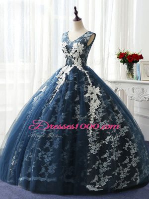 Delicate Navy Blue Lace Up Scoop Ruffles and Pattern Sweet 16 Quinceanera Dress Organza and Taffeta and Chiffon and Tulle Sleeveless