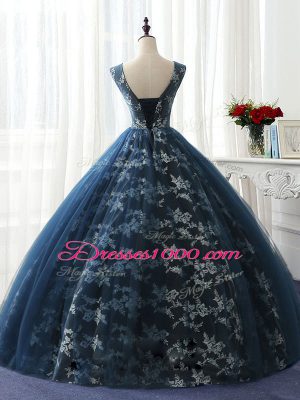 Delicate Navy Blue Lace Up Scoop Ruffles and Pattern Sweet 16 Quinceanera Dress Organza and Taffeta and Chiffon and Tulle Sleeveless