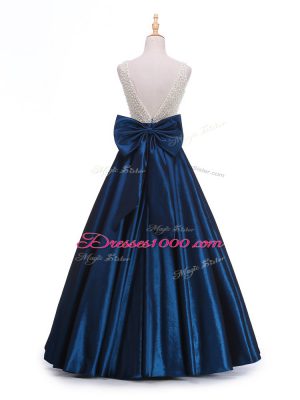 Unique Navy Blue Taffeta Backless Scoop Sleeveless Floor Length Evening Dress Beading and Bowknot