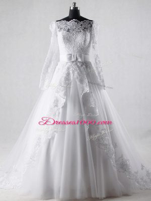 White A-line Lace and Belt Wedding Gown Zipper Tulle Long Sleeves