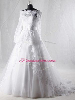 White A-line Lace and Belt Wedding Gown Zipper Tulle Long Sleeves