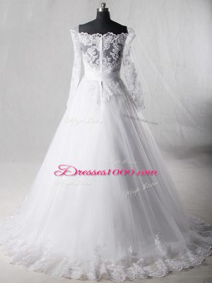 White A-line Lace and Belt Wedding Gown Zipper Tulle Long Sleeves