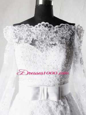 White A-line Lace and Belt Wedding Gown Zipper Tulle Long Sleeves