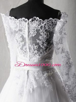 White A-line Lace and Belt Wedding Gown Zipper Tulle Long Sleeves