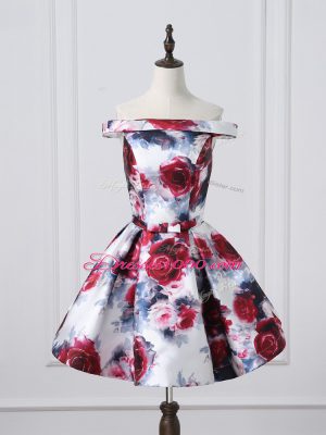 Fine Multi-color A-line Printed Off The Shoulder Sleeveless Ruching Mini Length Lace Up Homecoming Dress