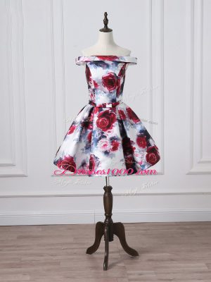 Fine Multi-color A-line Printed Off The Shoulder Sleeveless Ruching Mini Length Lace Up Homecoming Dress