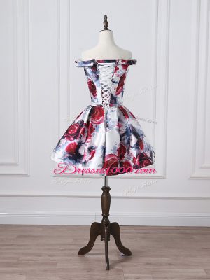 Fine Multi-color A-line Printed Off The Shoulder Sleeveless Ruching Mini Length Lace Up Homecoming Dress