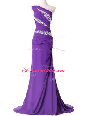 Captivating Brush Train Column/Sheath Prom Evening Gown Purple One Shoulder Chiffon Sleeveless Lace Up