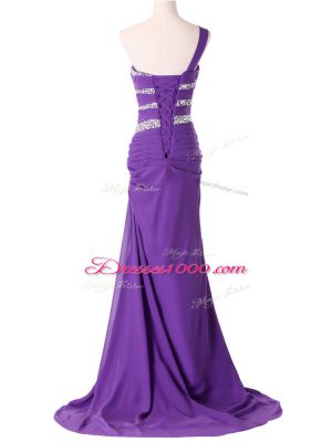 Captivating Brush Train Column/Sheath Prom Evening Gown Purple One Shoulder Chiffon Sleeveless Lace Up