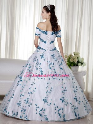 Artistic Embroidery 15 Quinceanera Dress White Lace Up Short Sleeves Floor Length