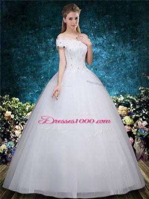 White Lace Up Bridal Gown Beading and Appliques Cap Sleeves Floor Length