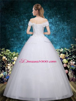 White Lace Up Bridal Gown Beading and Appliques Cap Sleeves Floor Length