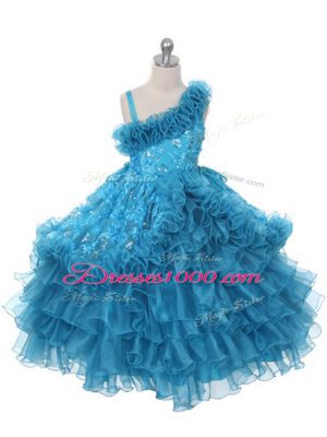 Teal Ball Gowns Asymmetric Sleeveless Organza Floor Length Lace Up Lace and Ruffles and Ruffled Layers Girls Pageant Dresses