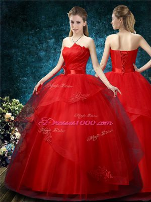 Sleeveless Organza Floor Length Lace Up Wedding Gowns in Red with Appliques