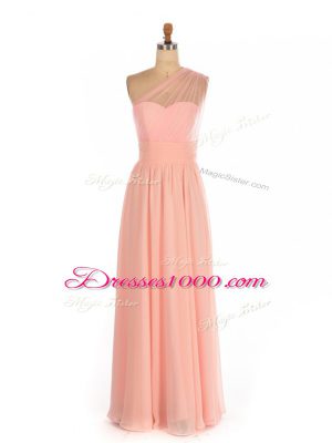 Unique Sleeveless Chiffon Floor Length Side Zipper Dama Dress in Peach with Ruching