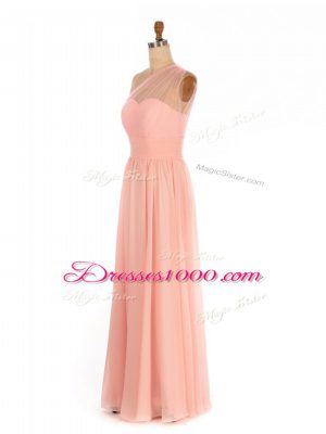 Unique Sleeveless Chiffon Floor Length Side Zipper Dama Dress in Peach with Ruching