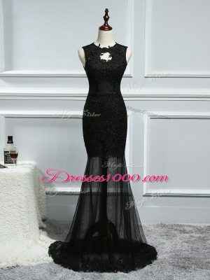 Black Scoop Backless Lace and Appliques Prom Dress Brush Train Sleeveless