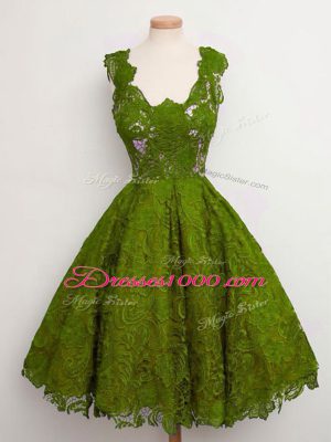 Olive Green Sleeveless Lace Lace Up Quinceanera Dama Dress for Prom and Party and Wedding Party