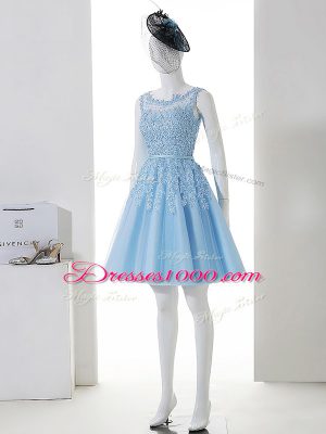 Baby Blue A-line Lace Wedding Party Dress Zipper Tulle Sleeveless Mini Length