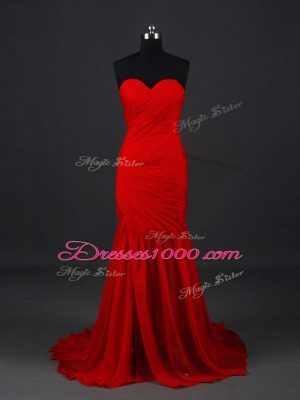 Suitable Side Zipper Evening Dress Red for Prom and Party and Military Ball with Ruching Brush Train