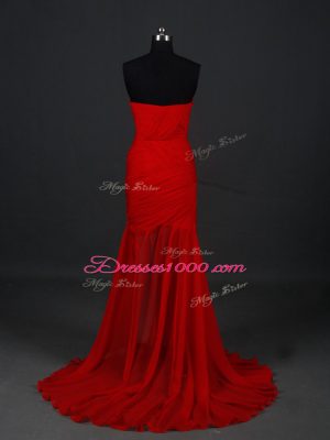 Suitable Side Zipper Evening Dress Red for Prom and Party and Military Ball with Ruching Brush Train