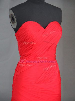 Suitable Side Zipper Evening Dress Red for Prom and Party and Military Ball with Ruching Brush Train