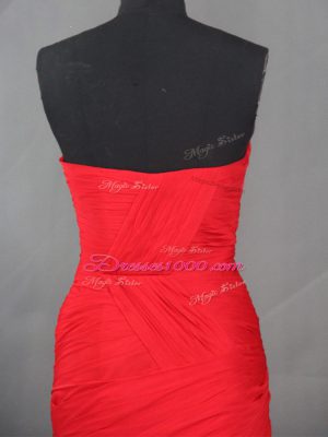 Suitable Side Zipper Evening Dress Red for Prom and Party and Military Ball with Ruching Brush Train