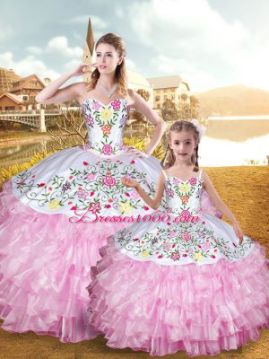 Charming Ball Gowns Sweet 16 Dress Rose Pink Sweetheart Organza and Taffeta Sleeveless Floor Length Lace Up