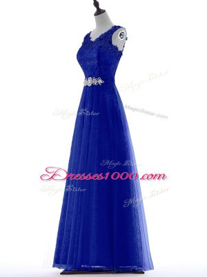 Modest Royal Blue Tulle Zipper Prom Dresses Sleeveless Floor Length Beading and Lace