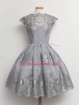 Lace Wedding Guest Dresses Grey Lace Up Cap Sleeves Tea Length