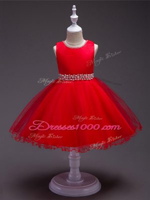 Sleeveless Organza Knee Length Zipper Kids Pageant Dress in Red with Beading