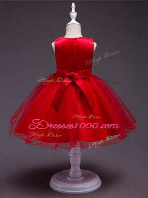Sleeveless Organza Knee Length Zipper Kids Pageant Dress in Red with Beading