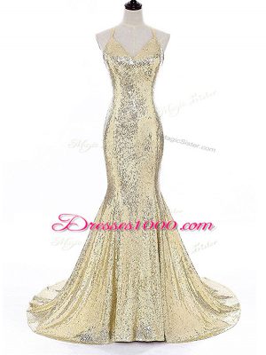 Adorable Gold Prom Dresses Prom and Military Ball with Sequins Straps Sleeveless Brush Train Backless