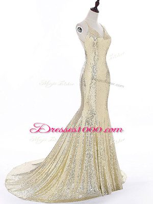 Adorable Gold Prom Dresses Prom and Military Ball with Sequins Straps Sleeveless Brush Train Backless